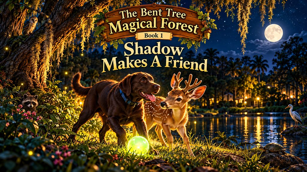 Book 1 cover, Shadow Makes A Friend: a chocolate-brown dog and a young fawn meet beside a glowing ball in a moonlit Florida forest.