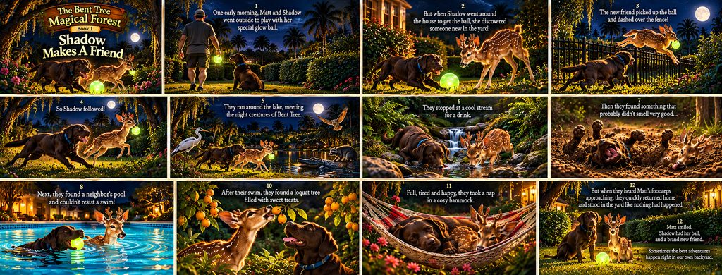 Storyboard for Shadow Makes A Friend: twelve illustrated panels following Matt and Shadow from an early-morning game with the glow ball to a new friendship in the forest.